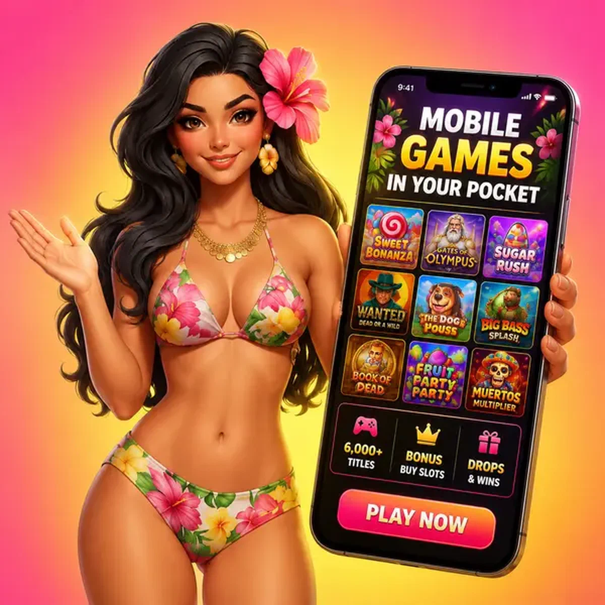 Ragazza dell'isola che mostra 6.000+ giochi mobile in tasca su display smartphone luminoso