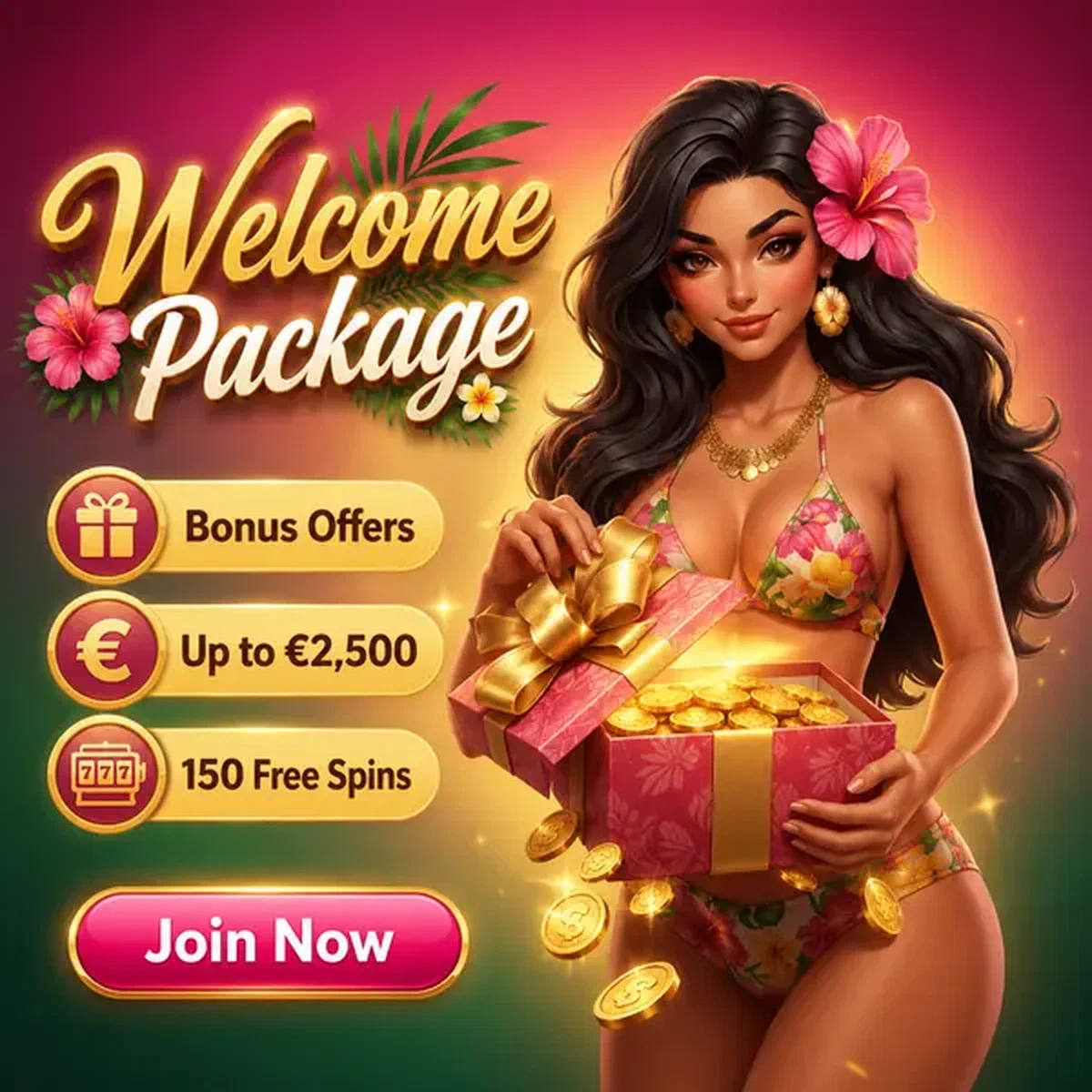Ragazza dell'isola che apre una scatola regalo di benvenuto rivelando monete bonus al login Gambloria Casino