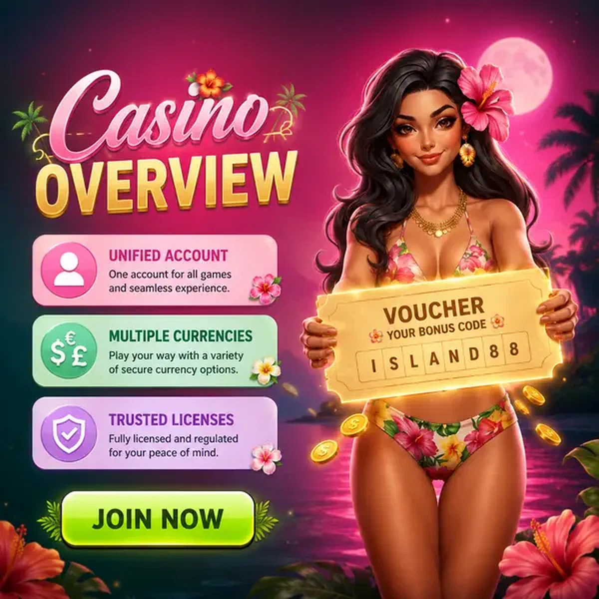 Island Girl che presenta il voucher panoramica casino all'ingresso accogliente di Gambloria