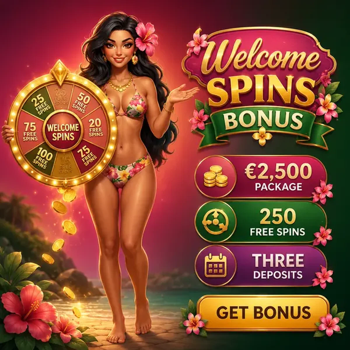 Ragazza dell'isola che tiene la ruota del premio dorata al paradiso delle slot gratis di Gambloria