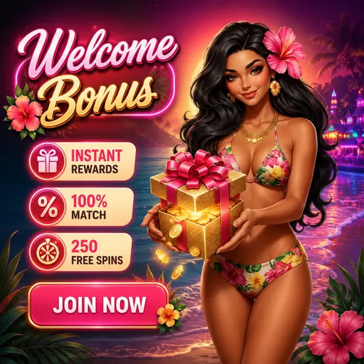 Ragazza dell'isola che presenta scatola regalo bonus di benvenuto al portale di registrazione Selezione Bonus di Benvenuto