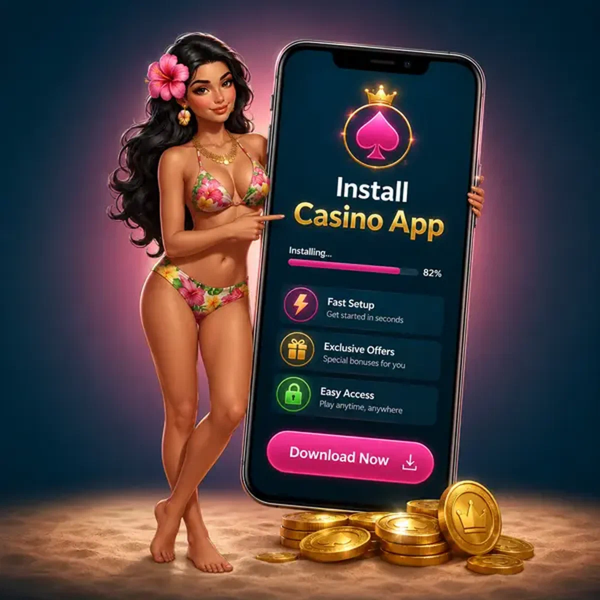Ragazza dell'isola che tiene telefono che mostra download app Gambloria Casino con monete dorate