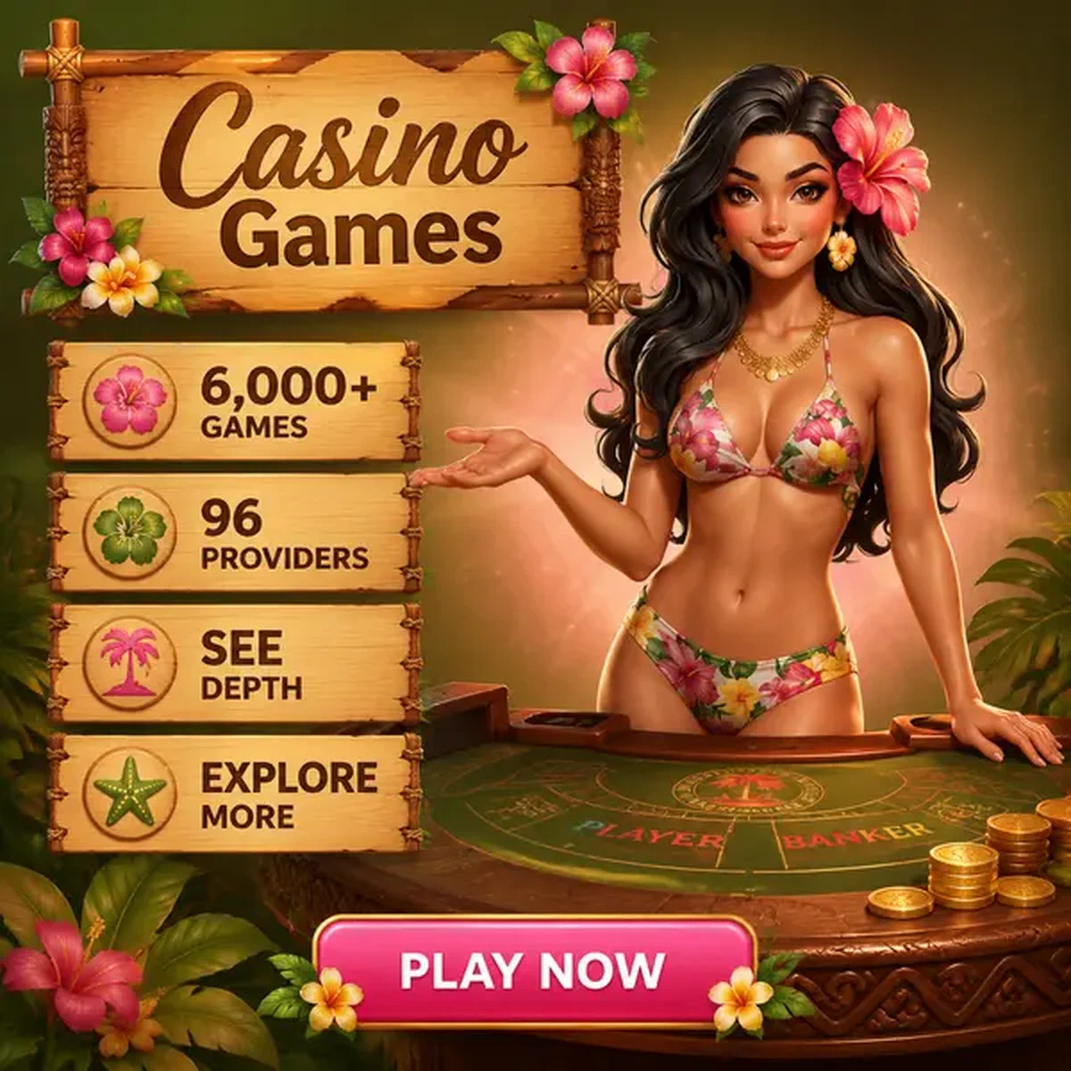 Island Girl che presenta i giochi casino al tavolo tropicale Gambloria Casino Games