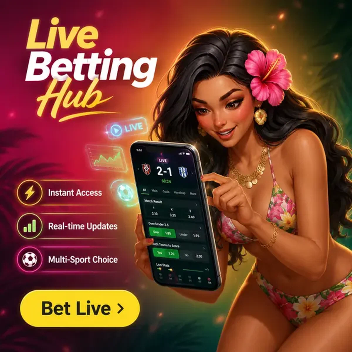 Donna dell'isola che interagisce con le scommesse sportive su smartphone presso Gambloria Live Betting Right Now