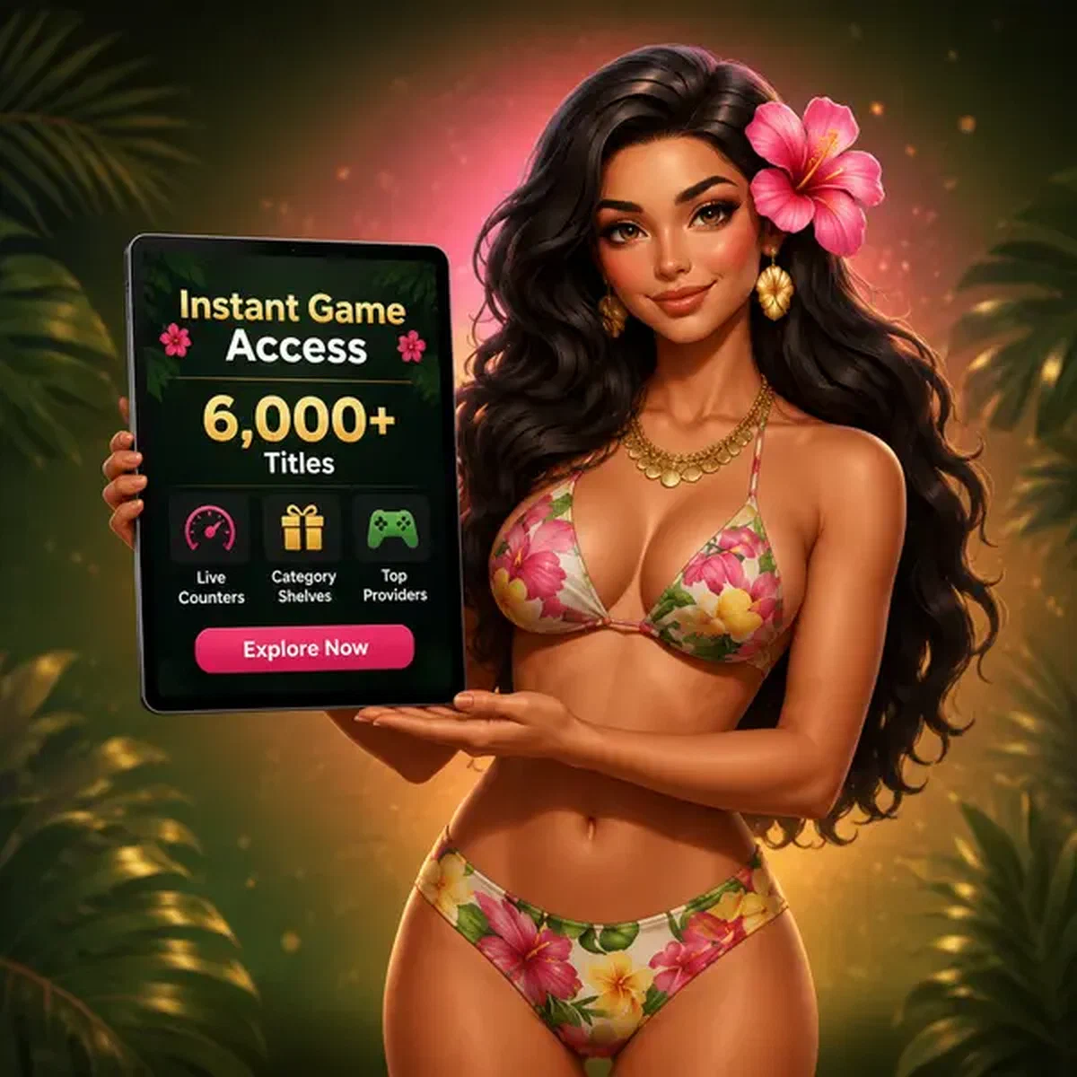 Island Girl che presenta tablet con oltre 6.000 giochi per login istantaneo a Instant Lobby Access