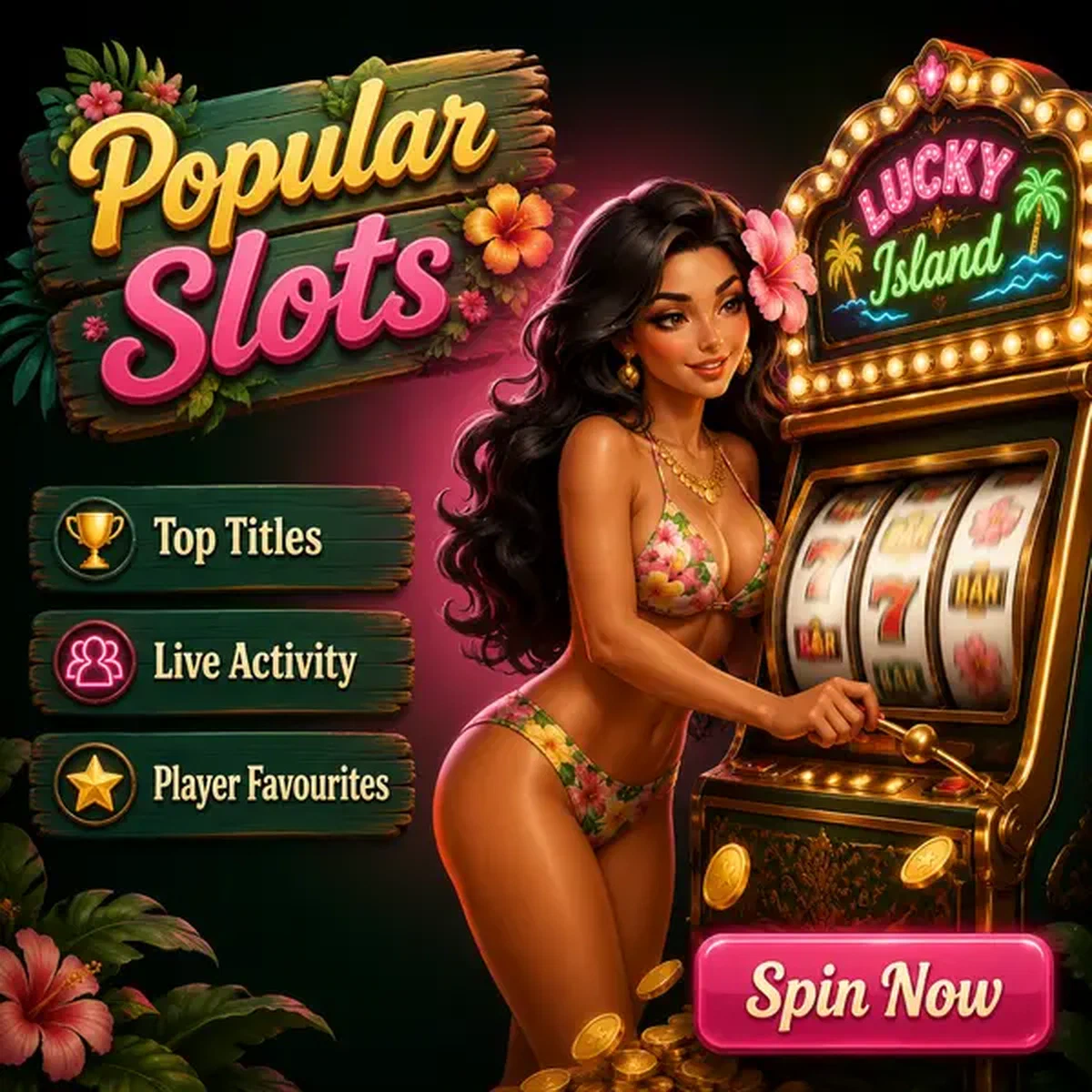 Ragazza dell'isola che gira i rulli alle Slot Popolari di Gambloria con macchina vintage del lungomare luminosa