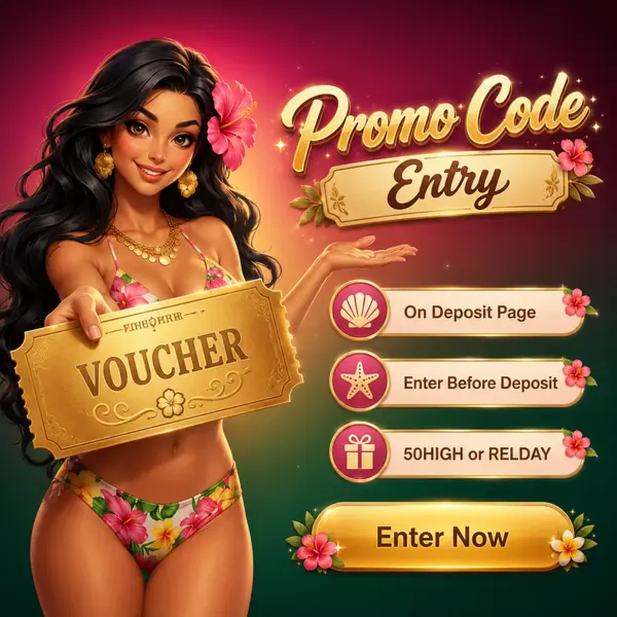 Ragazza dell'isola che presenta un voucher del codice promozionale dorato alla reception di Gambloria Casino