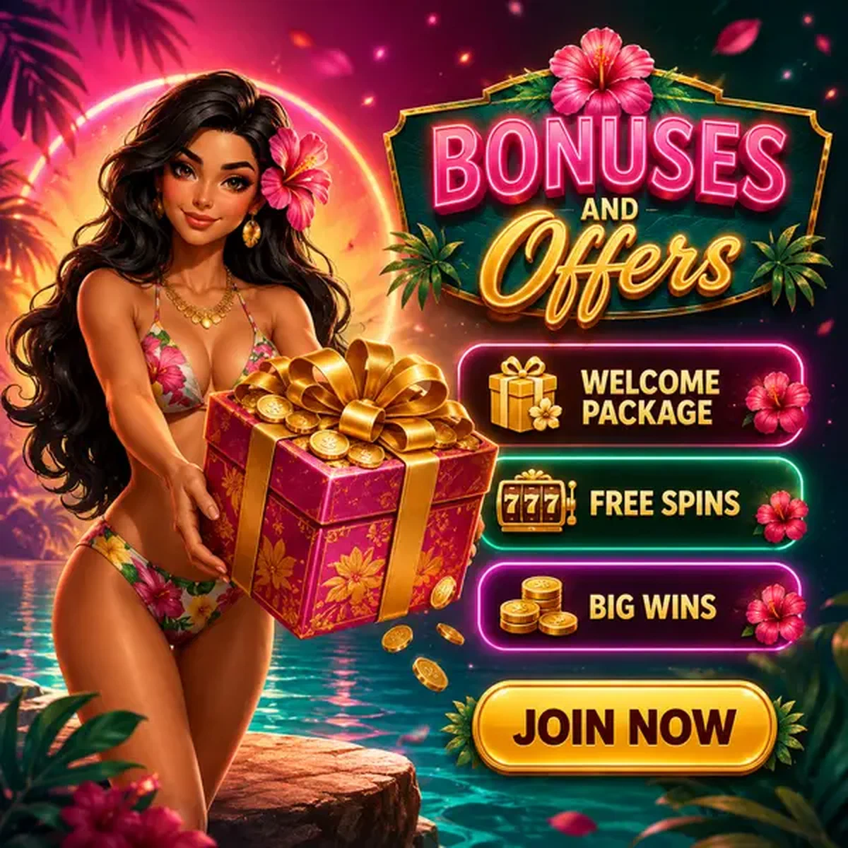Island girl che presenta la scatola regalo del bonus di benvenuto alla laguna Gambloria Casino