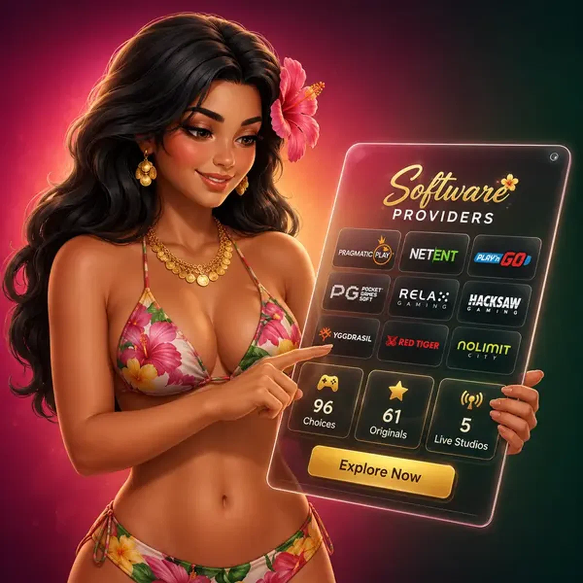 Island girl che sfoglia i provider software su tablet luminoso a Gambloria Casino